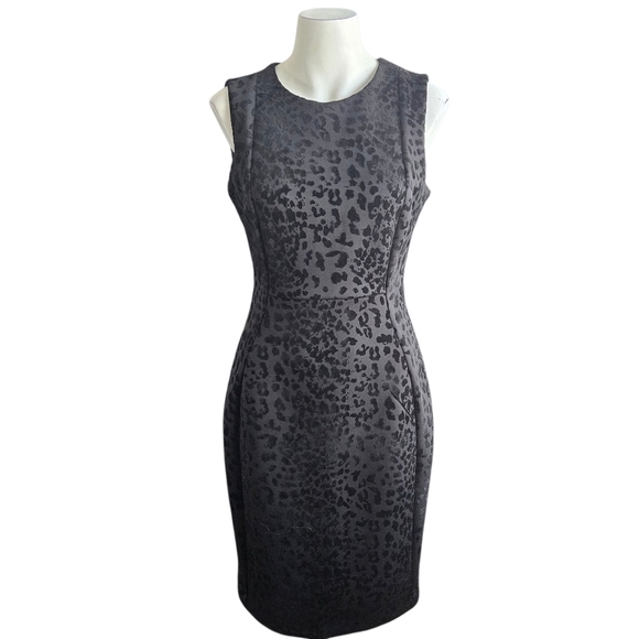 Calvin Klein Black Leopard Print Embossed Sheath Dress Size 6 Whimsigoth - Picture 6 of 16